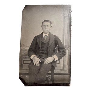 Vintage Tintype Photograph Of Man In Suit Young Boy Antique 4"x2.5" Original